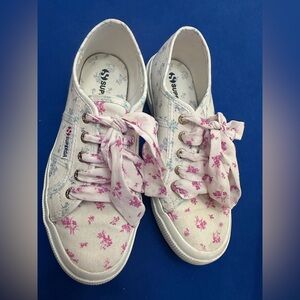 Superga Women's White Canvas Sneakers with Pink Floral Print and Ribbon Laces